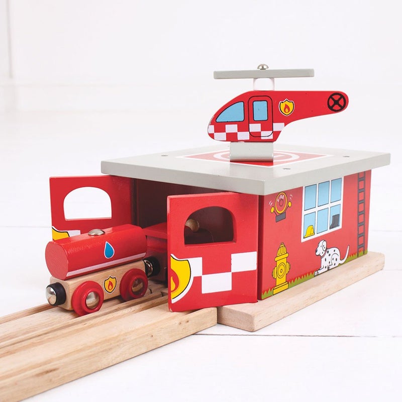 Bigjigs Rail Firestation Shed, Red - Image 3